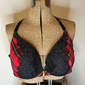 Cacique Boost Plunge Red and Black Plaid Lace Bra
